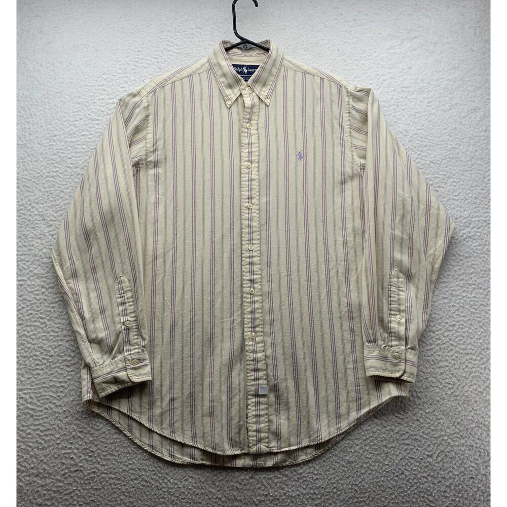 VTG Ralph Lauren‎ Dress Shirt Mens 16-34 Wool Blend Yellow Purple Striped Preppy